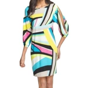 CALVIN KLEIN Pink Yellow Blue Black Sheath Dress cold shoulder 3/4 sleeve Sz 8